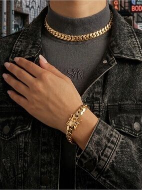 Miami Cuban Bracelet Set, Handmade Real 14k Gold Plated 10mm (Five Times Plated)